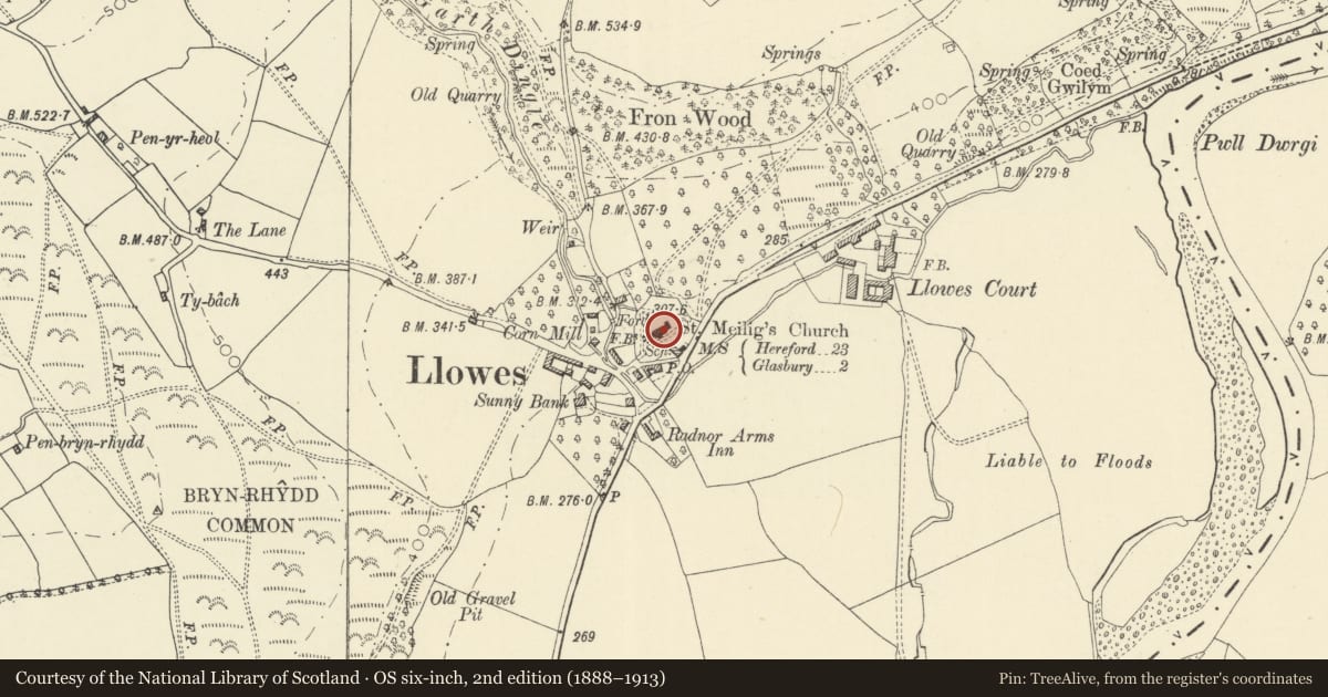 Ordnance Survey six-inch map, 2nd edition (1888–1913) covering the location of Church of St Meilig, Glasbury, Powys, with a pin at the register's coordinates