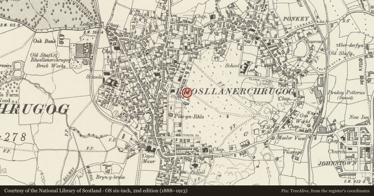 Ordnance Survey six-inch map, 2nd edition (1888–1913) covering the location of Miners' Institute, Rhosllanerchrugog, Wrexham, with a pin at the register's coordinates
