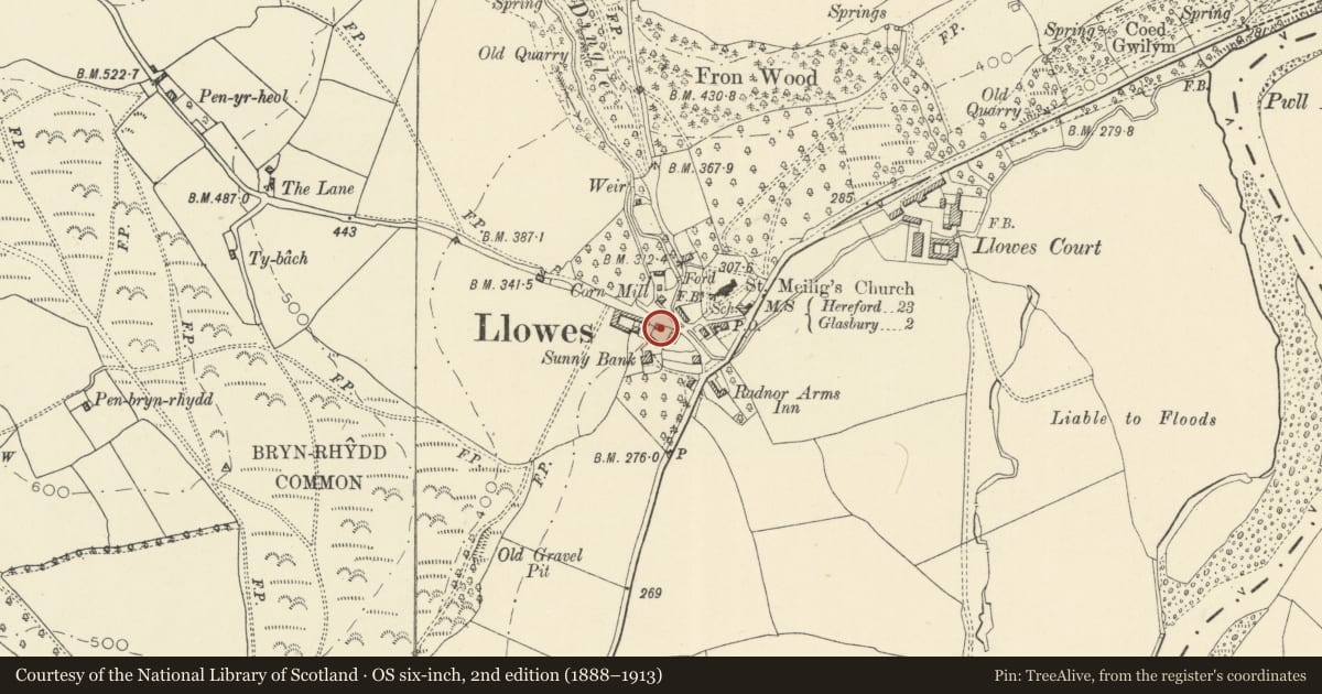 Ordnance Survey six-inch map, 2nd edition (1888–1913) covering the location of Barn Cottage, Glasbury, Powys, with a pin at the register's coordinates