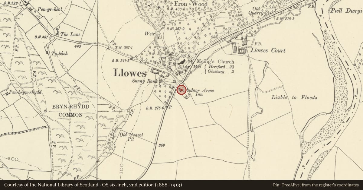 Ordnance Survey six-inch map, 2nd edition (1888–1913) covering the location of The Radnor Arms PH, Glasbury, Powys, with a pin at the register's coordinates