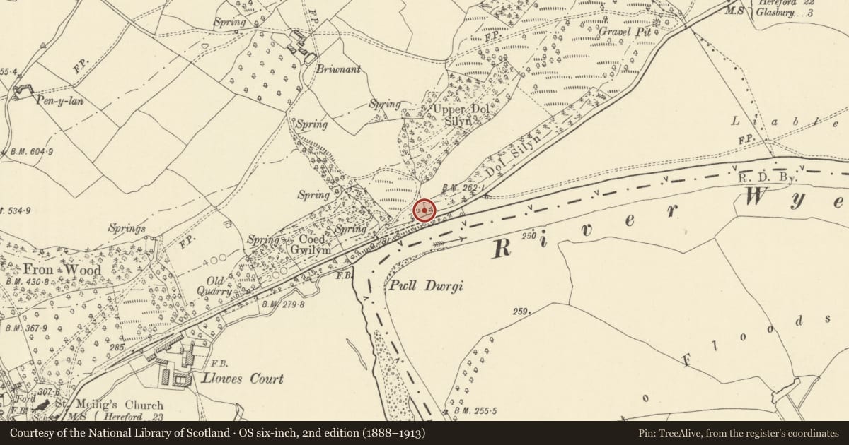 Ordnance Survey six-inch map, 2nd edition (1888–1913) covering the location of Milestone 1 mile NE of Llowes, Glasbury, Powys, with a pin at the register's coordinates