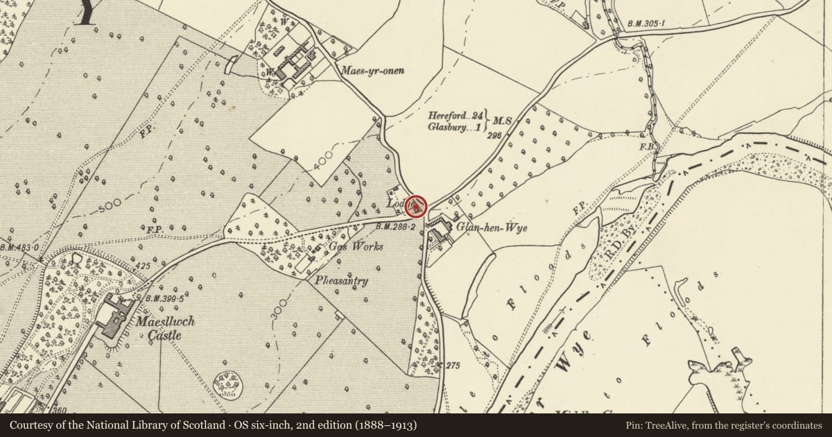 Ordnance Survey six-inch map, 2nd edition (1888–1913) covering the location of East Lodge to Maesllwch Castle, Glasbury, Powys, with a pin at the register's coordinates