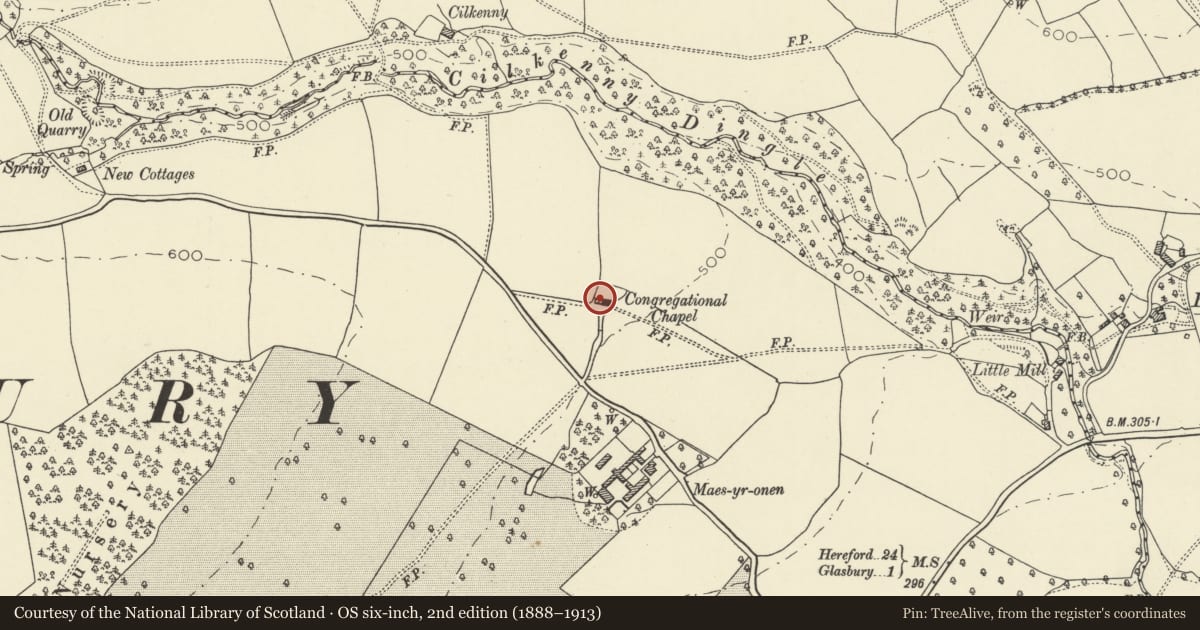 Ordnance Survey six-inch map, 2nd edition (1888–1913) covering the location of Cottage attached to Maesyronnen United Reformed Chapel, Glasbury, Powys, with a pin at the register's coordinates