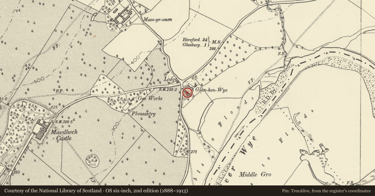 Ordnance Survey six-inch map, 2nd edition (1888–1913) covering the location of Glan Hen Wye, Glasbury, Powys, with a pin at the register's coordinates
