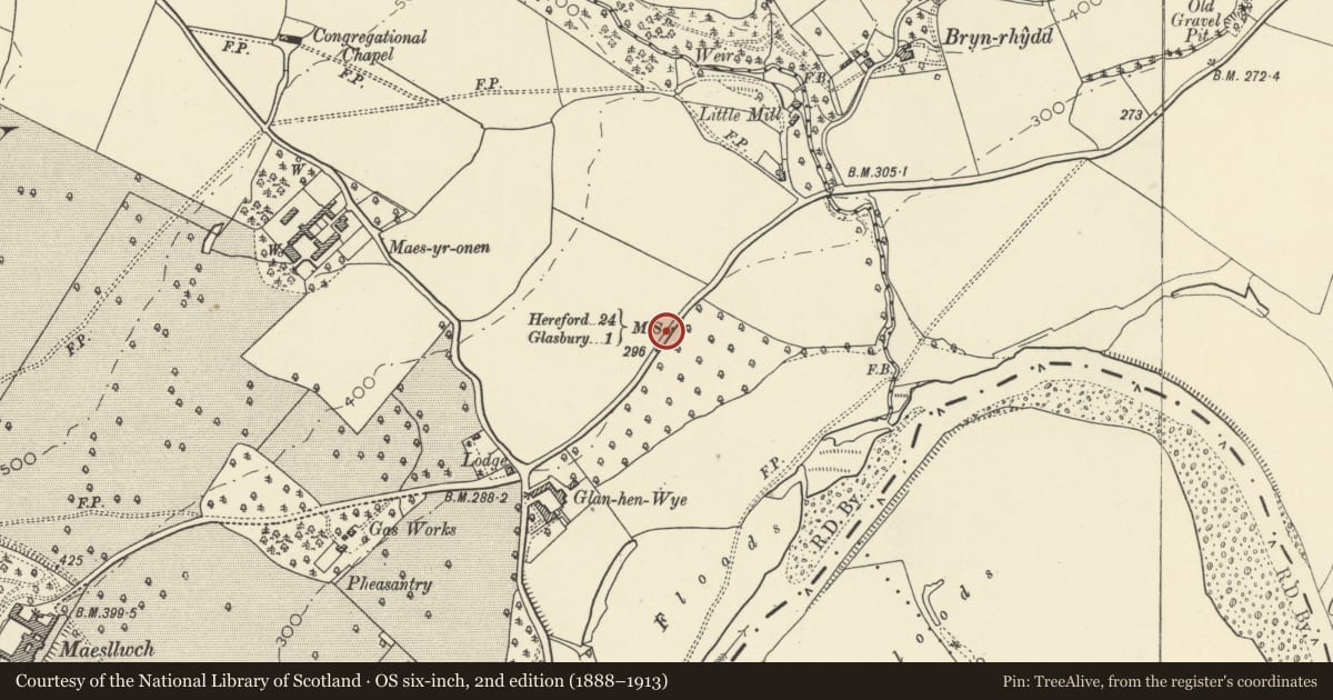 Ordnance Survey six-inch map, 2nd edition (1888–1913) covering the location of Milestone, Glasbury, Powys, with a pin at the register's coordinates