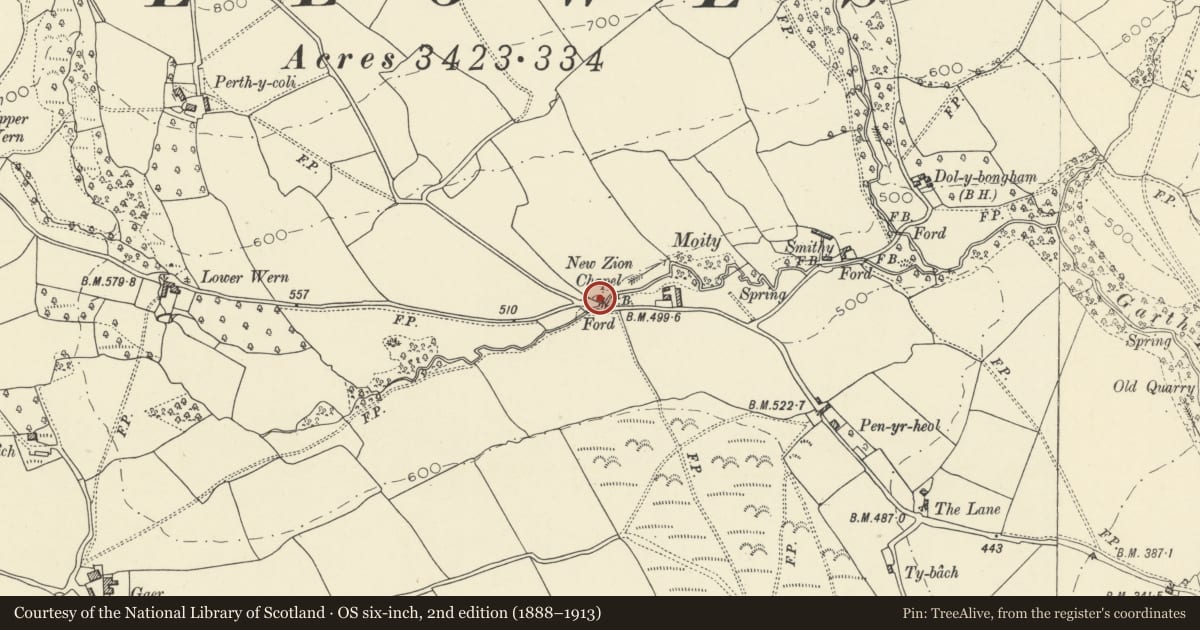 Ordnance Survey six-inch map, 2nd edition (1888–1913) covering the location of Moity Chapel, Glasbury, Powys, with a pin at the register's coordinates
