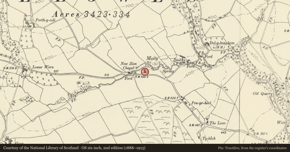 Ordnance Survey six-inch map, 2nd edition (1888–1913) covering the location of Moity Farmhouse, Glasbury, Powys, with a pin at the register's coordinates