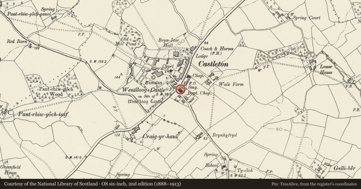 Ordnance Survey six-inch map, 2nd edition (1888–1913) covering the location of Castleton Baptist Church, Marshfield, Newport, with a pin at the register's coordinates