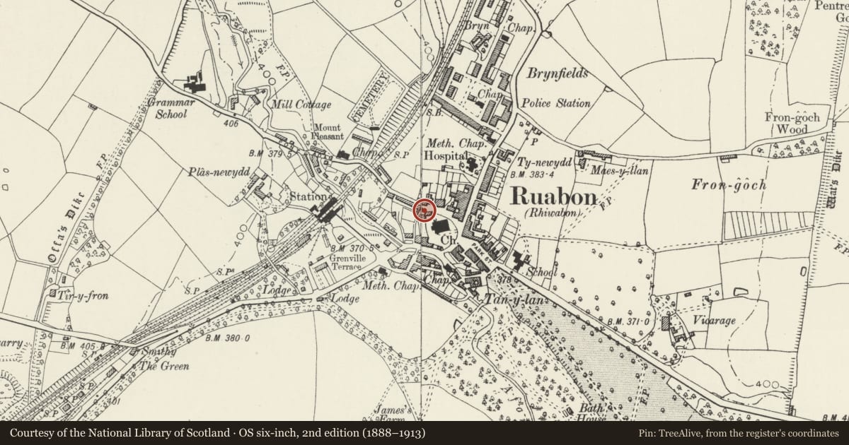 Ordnance Survey six-inch map, 2nd edition (1888–1913) covering the location of The Old Grammar School, Ruabon, Wrexham, with a pin at the register's coordinates