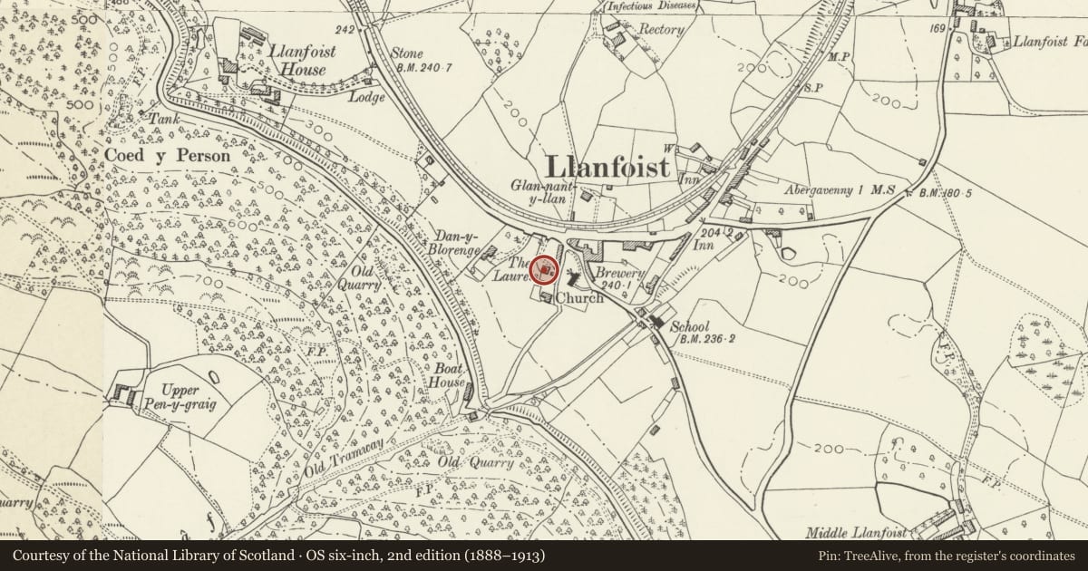 Ordnance Survey six-inch map, 2nd edition (1888–1913) covering the location of South Lodge, Llanfoist Fawr, Monmouthshire, with a pin at the register's coordinates