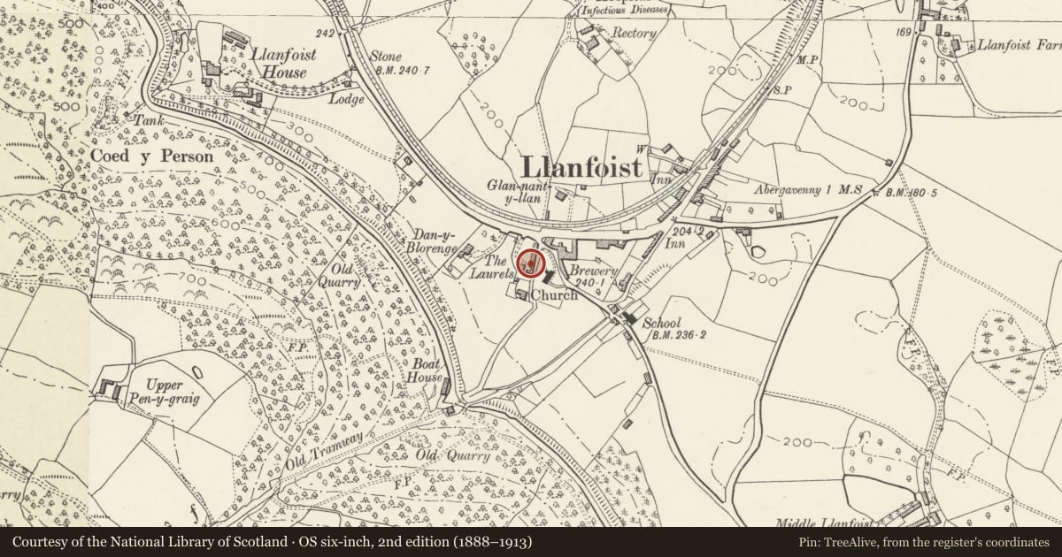 Ordnance Survey six-inch map, 2nd edition (1888–1913) covering the location of Coach-house and stables to E of South Lodge, Llanfoist Fawr, Monmouthshire, with a pin at the register's coordinates