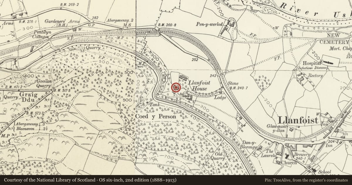 Ordnance Survey six-inch map, 2nd edition (1888–1913) covering the location of Llanfoist House (including subdivided parts), Llanfoist Fawr, Monmouthshire, with a pin at the register's coordinates