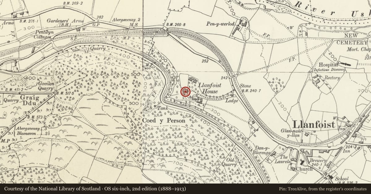 Ordnance Survey six-inch map, 2nd edition (1888–1913) covering the location of Llanfoist House (including subdivided parts), Llanfoist Fawr, Monmouthshire, with a pin at the register's coordinates