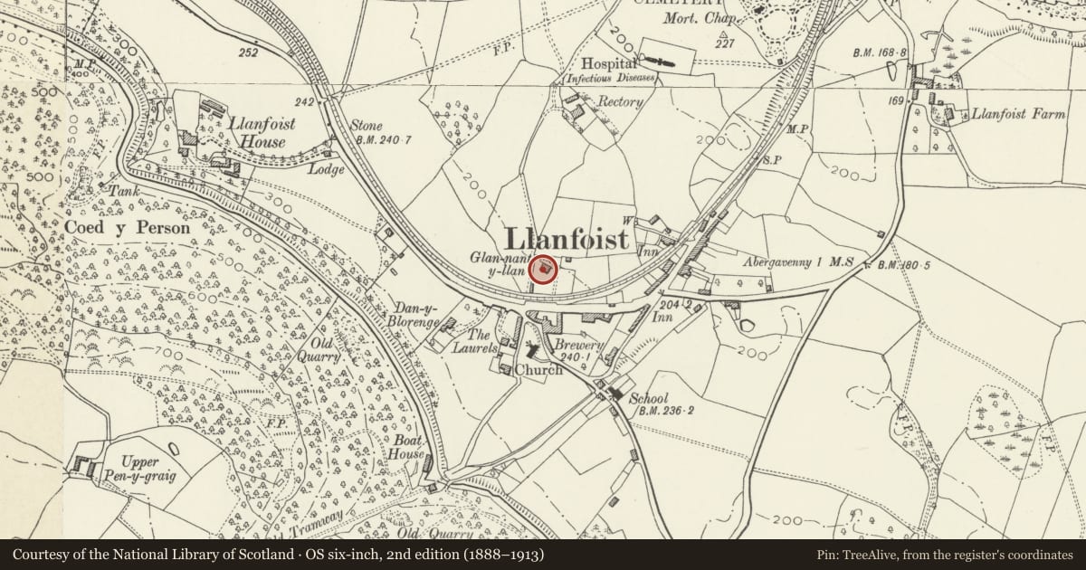 Ordnance Survey six-inch map, 2nd edition (1888–1913) covering the location of Glan nant-y-llan, Llanfoist Fawr, Monmouthshire, with a pin at the register's coordinates