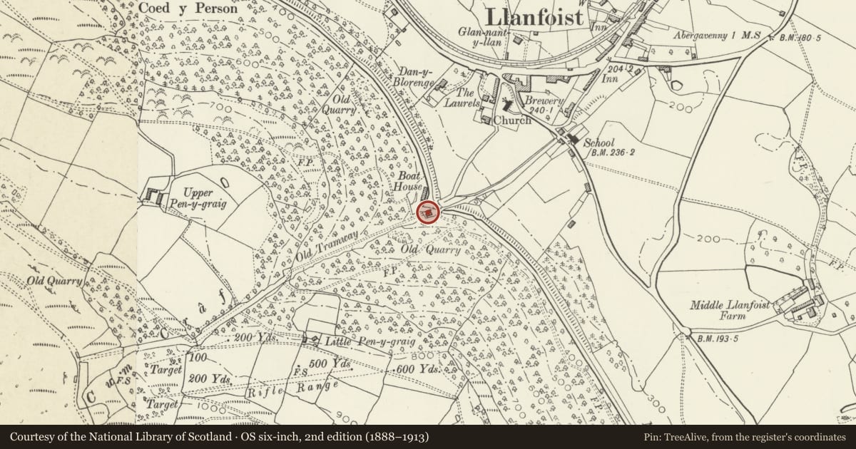 Ordnance Survey six-inch map, 2nd edition (1888–1913) covering the location of Boathouse Cottage, Llanfoist Fawr, Monmouthshire, with a pin at the register's coordinates