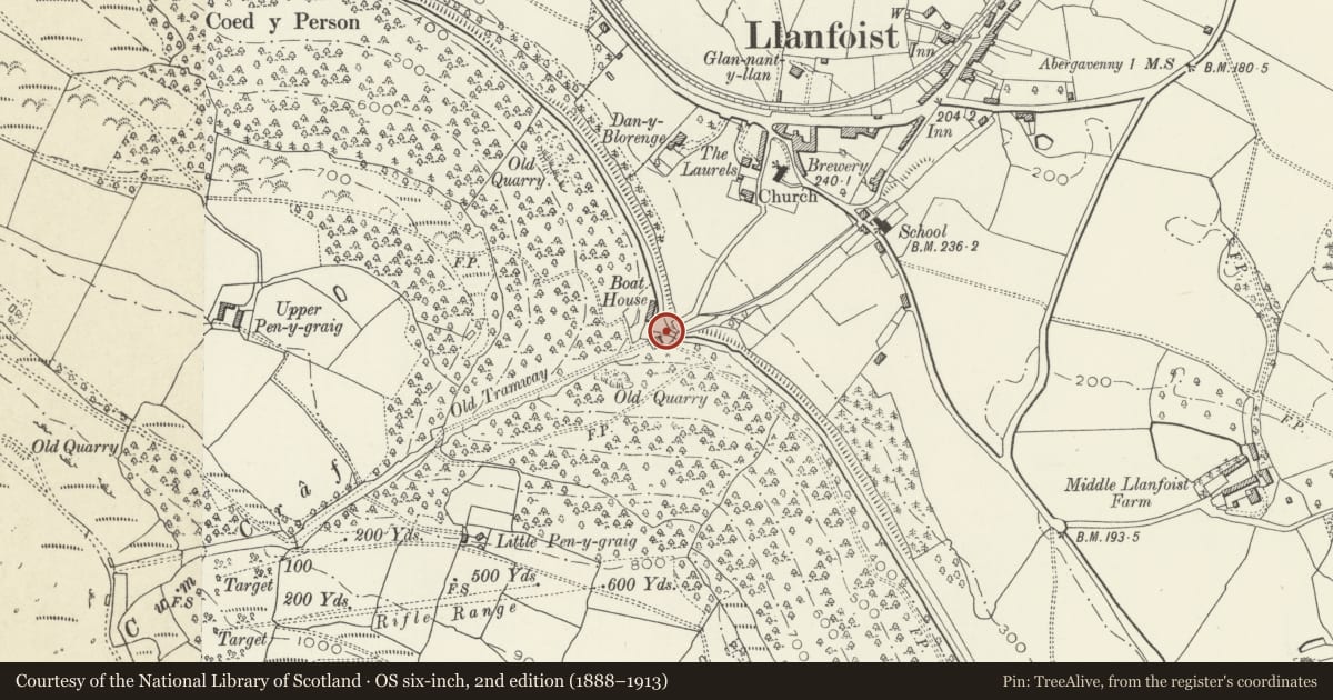 Ordnance Survey six-inch map, 2nd edition (1888–1913) covering the location of Tunnel under Canal, Llanfoist Fawr, Monmouthshire, with a pin at the register's coordinates