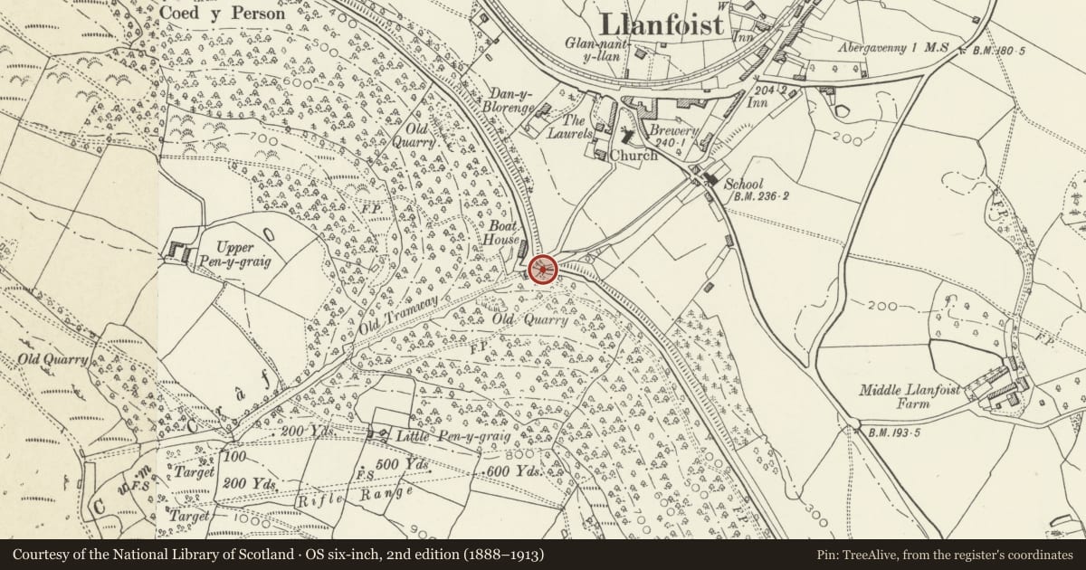 Ordnance Survey six-inch map, 2nd edition (1888–1913) covering the location of Bridge over Canal at Llanfoist Wharf, Llanfoist Fawr, Monmouthshire, with a pin at the register's coordinates