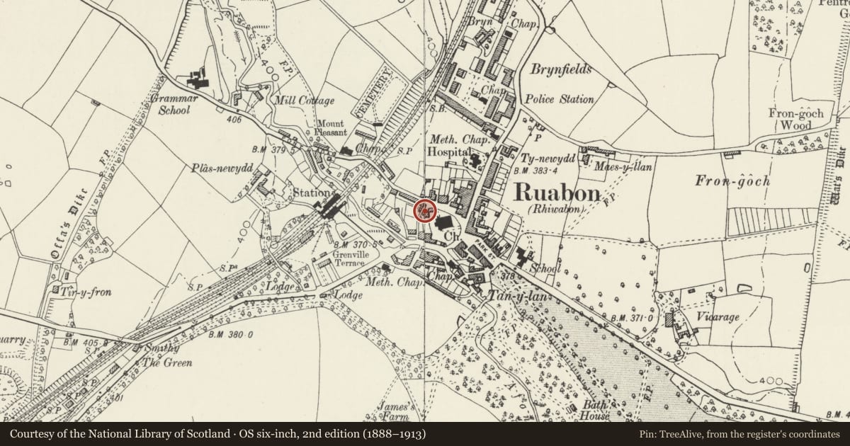Ordnance Survey six-inch map, 2nd edition (1888–1913) covering the location of Former School House to Old Grammer School, Ruabon, Wrexham, with a pin at the register's coordinates