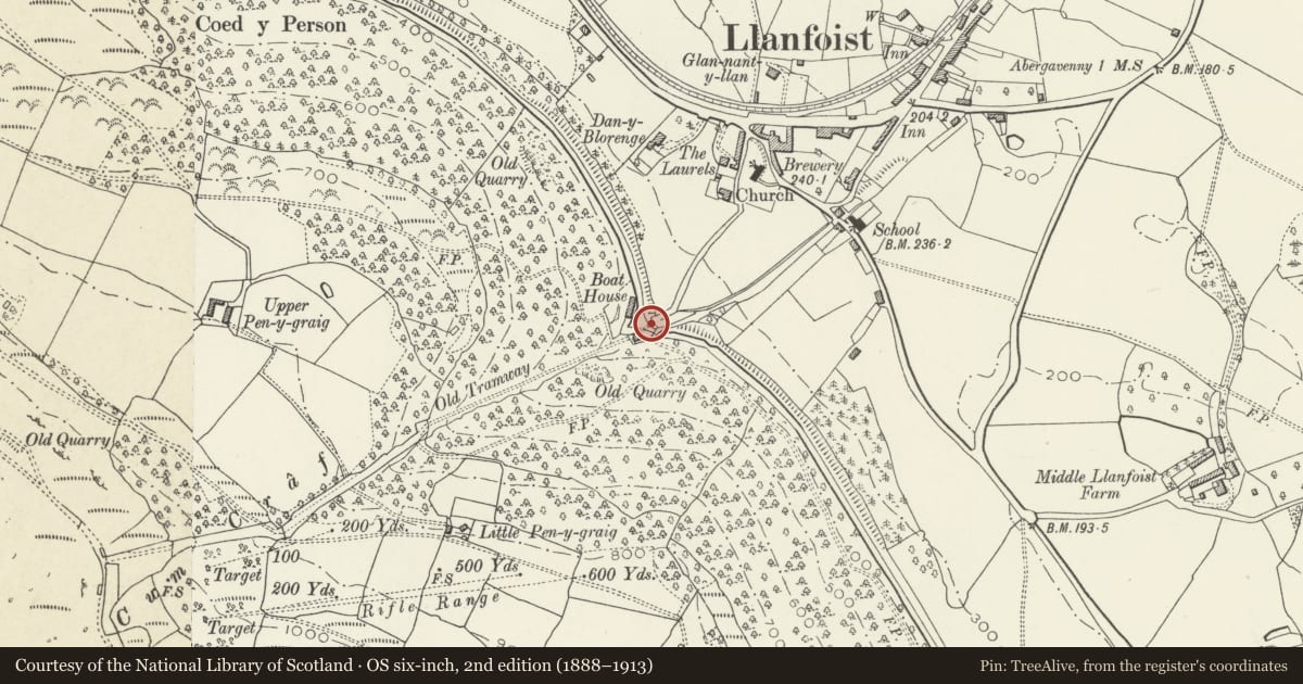 Ordnance Survey six-inch map, 2nd edition (1888–1913) covering the location of Flight of steps to E of tunnel under canal, Llanfoist Fawr, Monmouthshire, with a pin at the register's coordinates