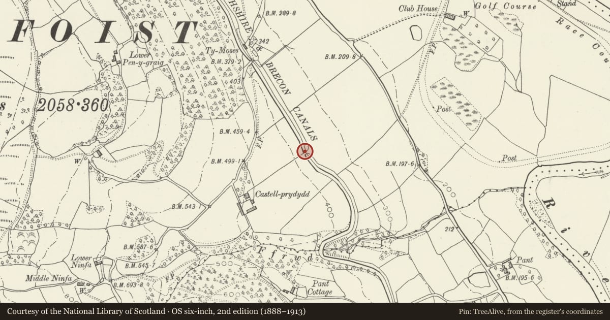 Ordnance Survey six-inch map, 2nd edition (1888–1913) covering the location of Castle Lower Bridge (Canal Bridge No 94), Llanfoist Fawr, Monmouthshire, with a pin at the register's coordinates