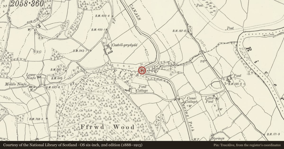 Ordnance Survey six-inch map, 2nd edition (1888–1913) covering the location of Embanked Aqueduct to south-east of Canal Bridge No 94, Llanfoist Fawr, Monmouthshire, with a pin at the register's coordinates