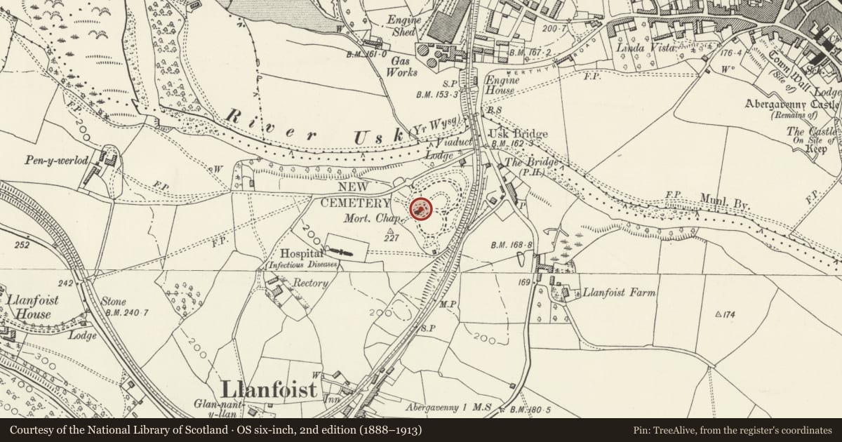 Ordnance Survey six-inch map, 2nd edition (1888–1913) covering the location of New Cemetery Chapel, Llanfoist Fawr, Monmouthshire, with a pin at the register's coordinates