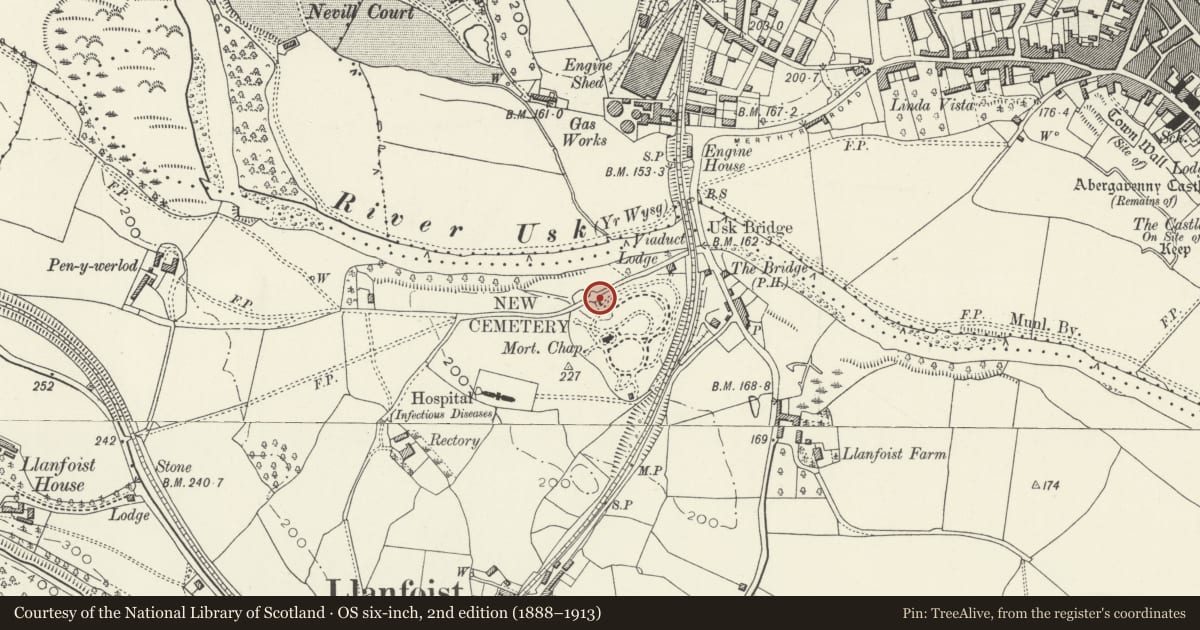 Ordnance Survey six-inch map, 2nd edition (1888–1913) covering the location of Gates and Gate-piers at main entrance to New Cemetery, Llanfoist Fawr, Monmouthshire, with a pin at the register's coordinates