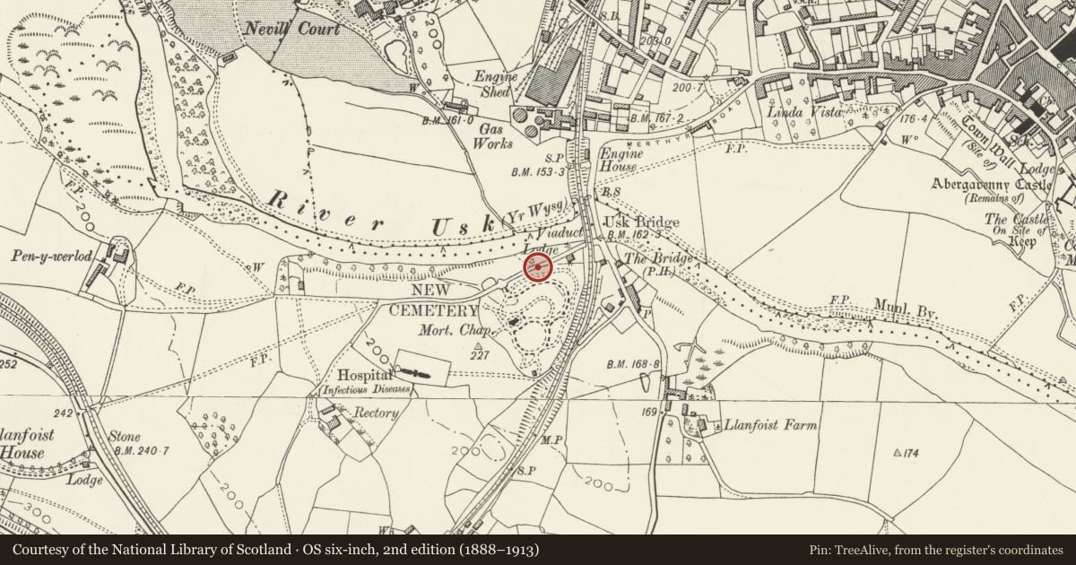 Ordnance Survey six-inch map, 2nd edition (1888–1913) covering the location of Lychgate to New Cemetery, Llanfoist Fawr, Monmouthshire, with a pin at the register's coordinates