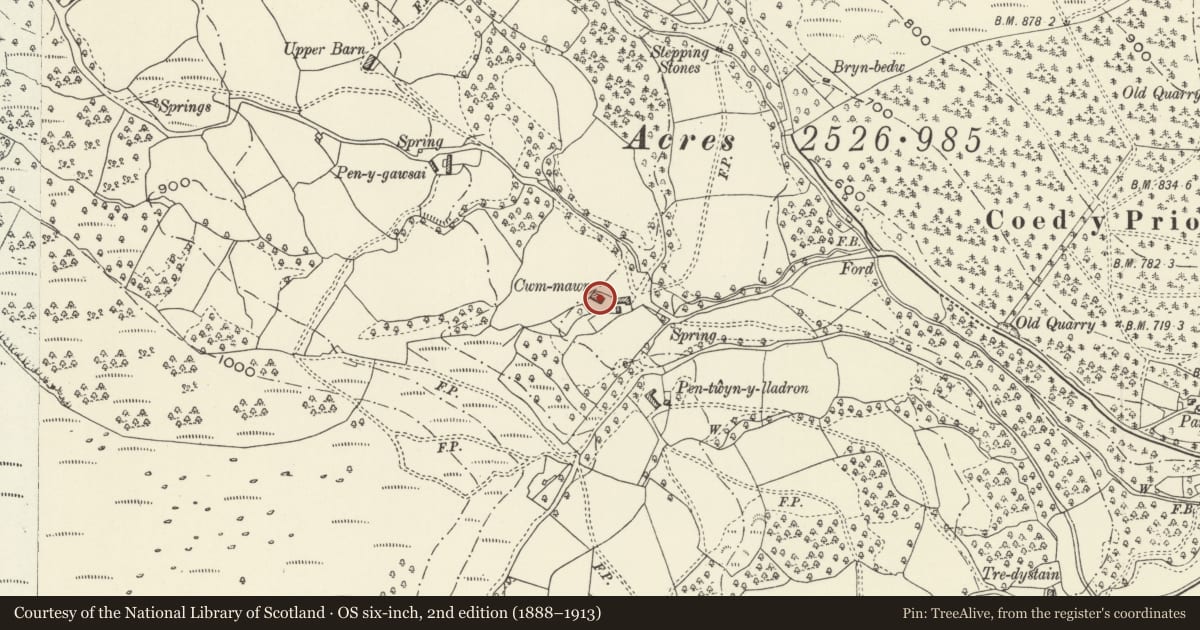 Ordnance Survey six-inch map, 2nd edition (1888–1913) covering the location of Cwm Mawr Farmhouse, Llanfoist Fawr, Monmouthshire, with a pin at the register's coordinates