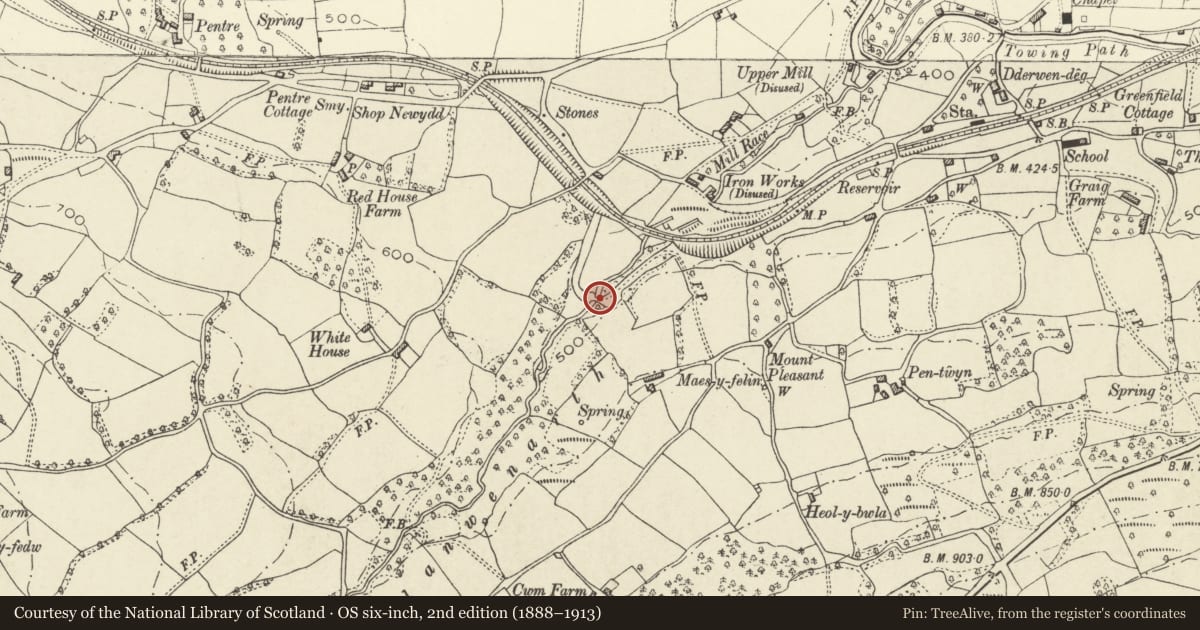 Ordnance Survey six-inch map, 2nd edition (1888–1913) covering the location of Tramroad Bridge, Llanfoist Fawr, Monmouthshire, with a pin at the register's coordinates