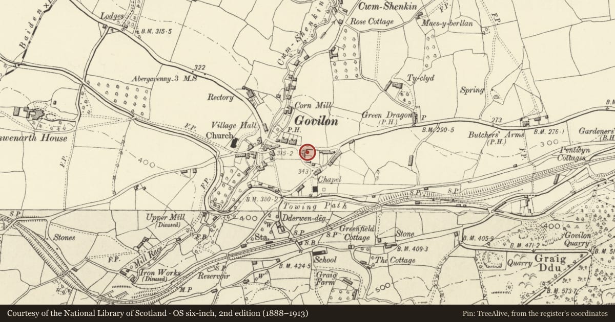 Ordnance Survey six-inch map, 2nd edition (1888–1913) covering the location of Govilon House, Llanfoist Fawr, Monmouthshire, with a pin at the register's coordinates