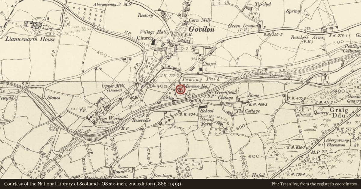 Ordnance Survey six-inch map, 2nd edition (1888–1913) covering the location of Derwen Deg, Llanfoist Fawr, Monmouthshire, with a pin at the register's coordinates