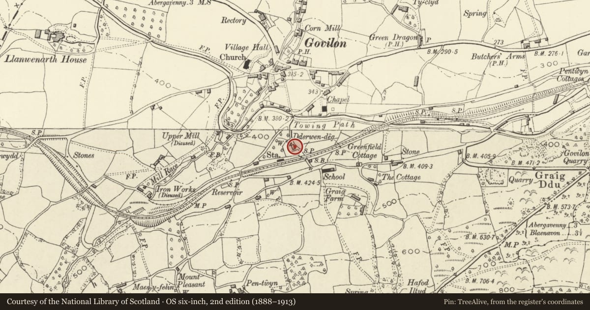 Ordnance Survey six-inch map, 2nd edition (1888–1913) covering the location of Barn to S of Derwen Deg, Llanfoist Fawr, Monmouthshire, with a pin at the register's coordinates