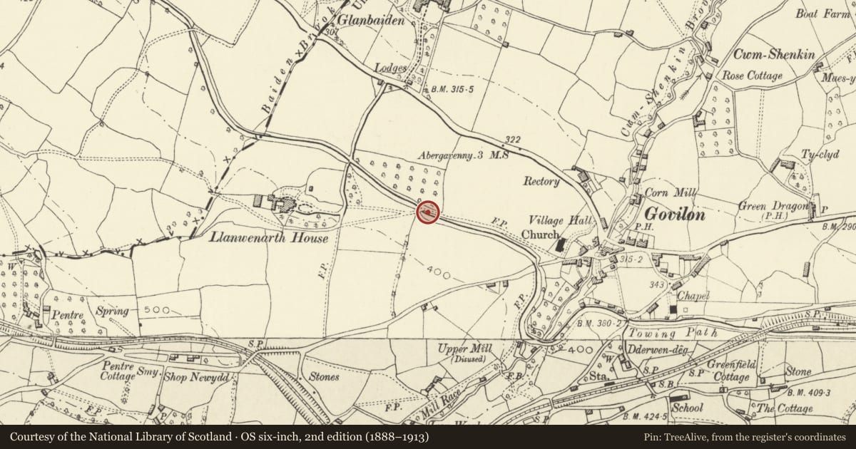 Ordnance Survey six-inch map, 2nd edition (1888–1913) covering the location of Llanwenarth Bridge (Canal Bridge No 99), Llanfoist Fawr, Monmouthshire, with a pin at the register's coordinates