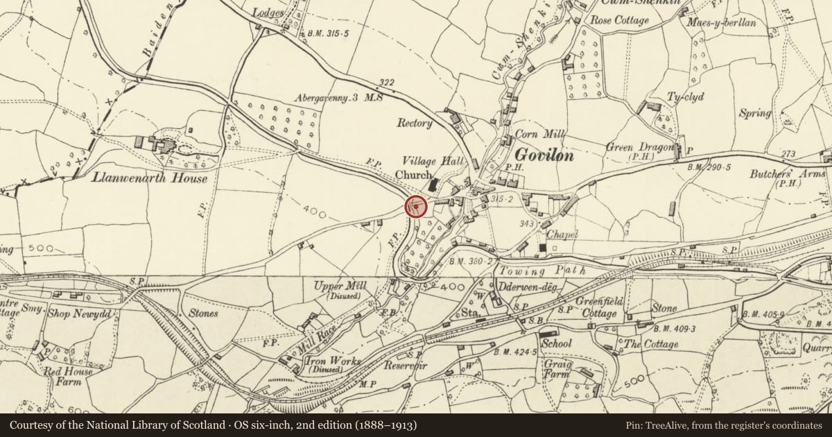 Ordnance Survey six-inch map, 2nd edition (1888–1913) covering the location of Embanked aqueduct over road to W of Parish Church (including attached flights of steps &road tunnel), Llanfoist Fawr, Monmouthshire, with a pin at the register's coordinates