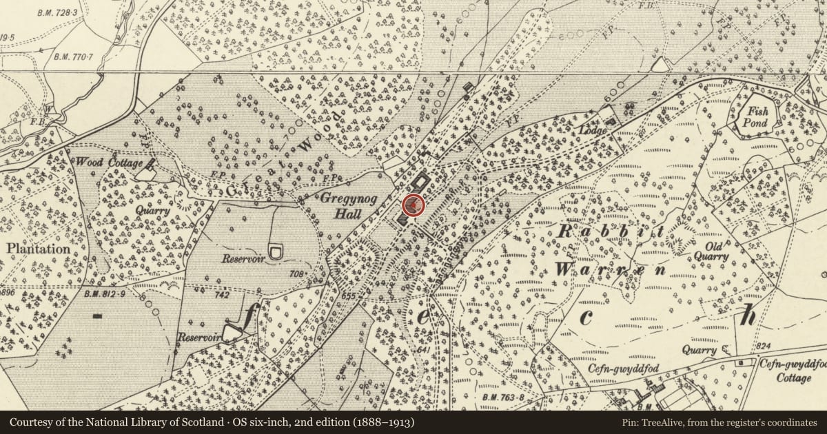 Ordnance Survey six-inch map, 2nd edition (1888–1913) covering the location of Gregynog Hall, Tregynon, Powys, with a pin at the register's coordinates