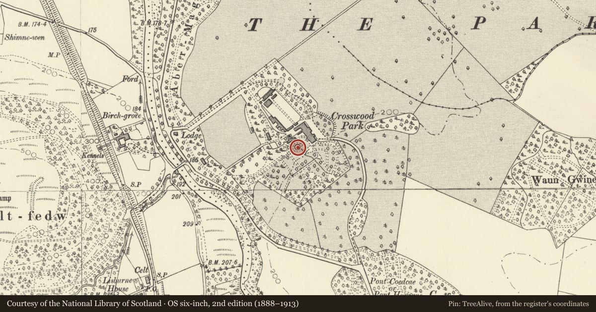 Ordnance Survey six-inch map, 2nd edition (1888–1913) covering the location of Ornamental fountain and basin at Trawsgoed House, Ceredigion, with a pin at the register's coordinates