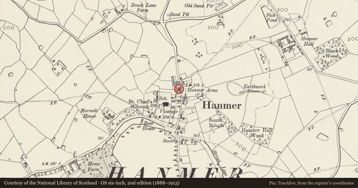 Ordnance Survey six-inch map, 2nd edition (1888–1913) covering the location of Hanmer Arms, Wrexham, with a pin at the register's coordinates