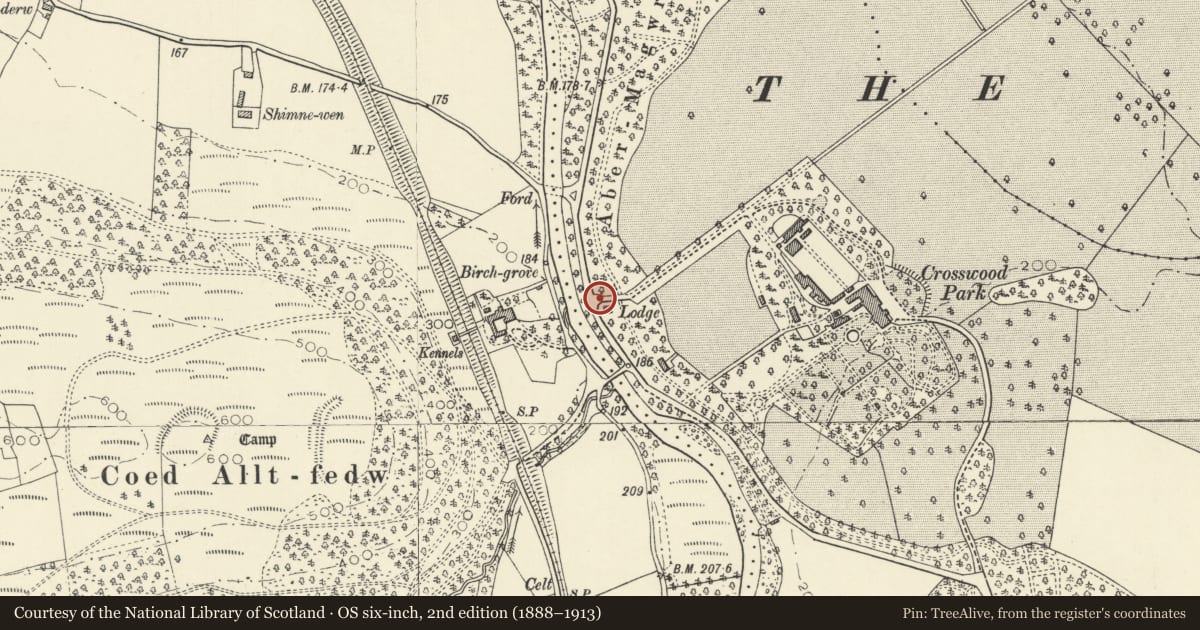 Ordnance Survey six-inch map, 2nd edition (1888–1913) covering the location of Gatepiers and low walls to main entrance to Trawsgoed House, Ceredigion, with a pin at the register's coordinates