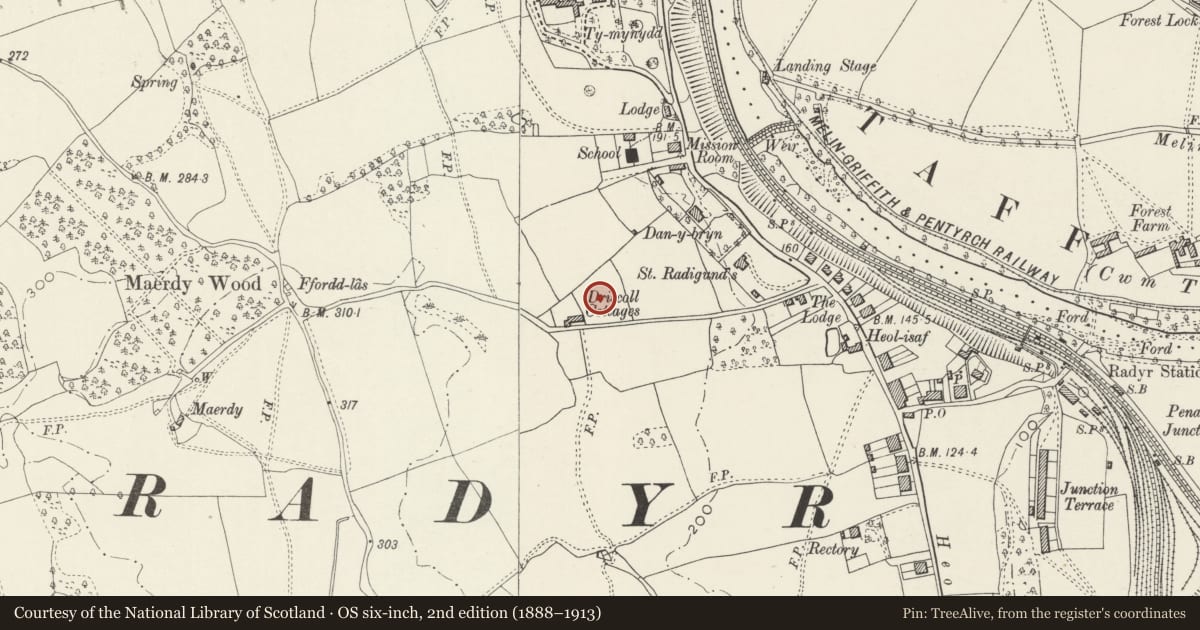 Ordnance Survey six-inch map, 2nd edition (1888–1913) covering the location of Whitehall, Radyr and Morganstown, Cardiff, with a pin at the register's coordinates