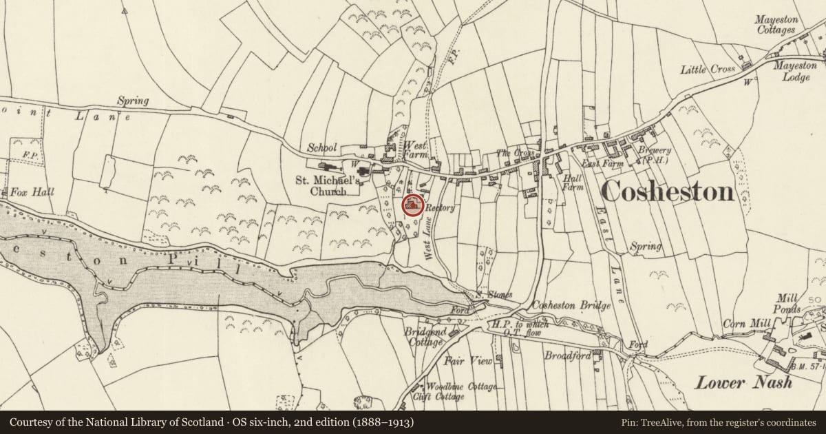 Ordnance Survey six-inch map, 2nd edition (1888–1913) covering the location of Old Rectory, Cosheston, Pembrokeshire, with a pin at the register's coordinates