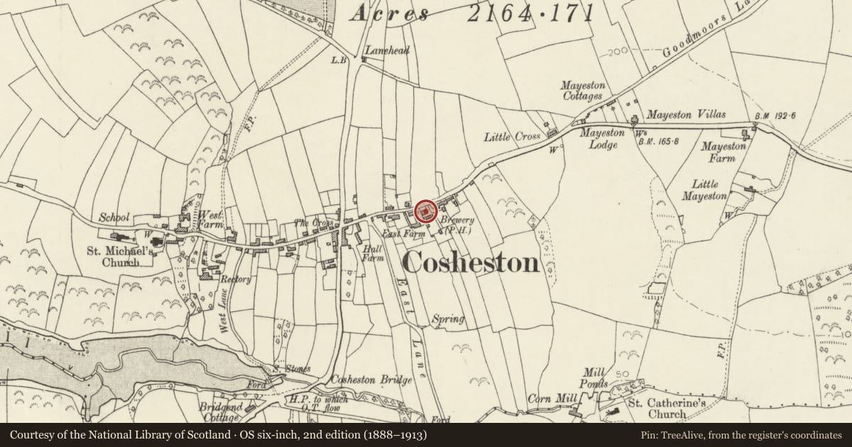 Ordnance Survey six-inch map, 2nd edition (1888–1913) covering the location of Brewery Inn, Cosheston, Pembrokeshire, with a pin at the register's coordinates