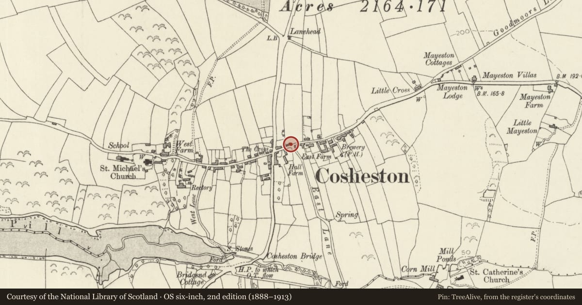 Ordnance Survey six-inch map, 2nd edition (1888–1913) covering the location of Funeral Car Tenement, Cosheston, Pembrokeshire, with a pin at the register's coordinates