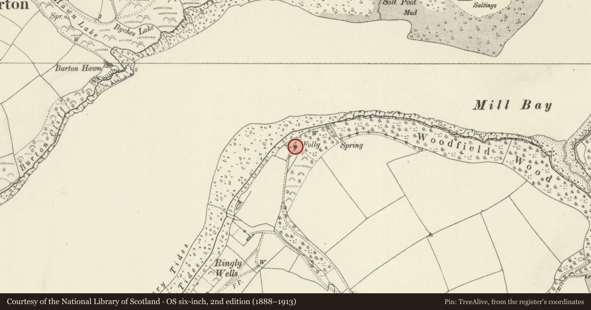 Ordnance Survey six-inch map, 2nd edition (1888–1913) covering the location of Limekiln, Cosheston, Pembrokeshire, with a pin at the register's coordinates