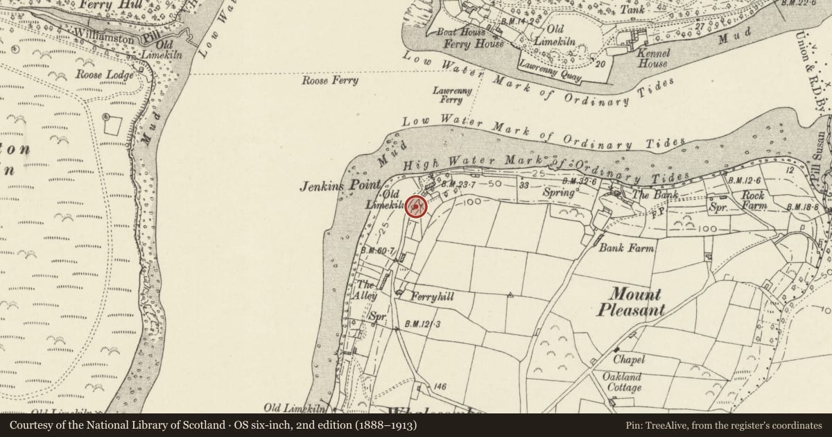 Ordnance Survey six-inch map, 2nd edition (1888–1913) covering the location of Limekiln, Cosheston, Pembrokeshire, with a pin at the register's coordinates