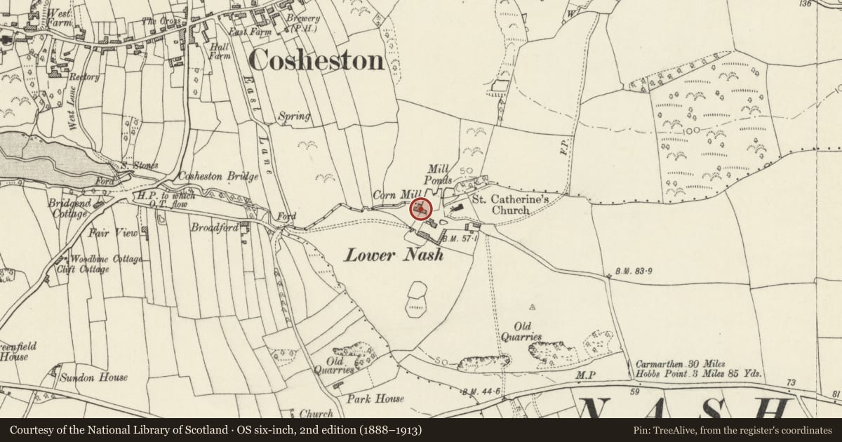Ordnance Survey six-inch map, 2nd edition (1888–1913) covering the location of Lower Nash Corn Mill, Cosheston, Pembrokeshire, with a pin at the register's coordinates