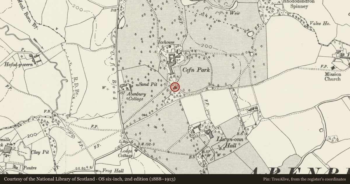 Ordnance Survey six-inch map, 2nd edition (1888–1913) covering the location of Pavilion including attached Skittle Alley at Cefn Park, Abenbury, Wrexham, with a pin at the register's coordinates