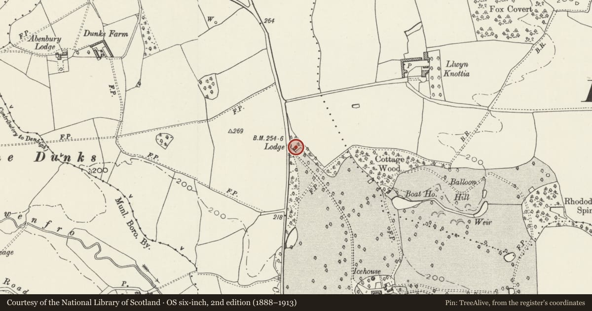Ordnance Survey six-inch map, 2nd edition (1888–1913) covering the location of Cefn Park Lodge, Abenbury, Wrexham, with a pin at the register's coordinates
