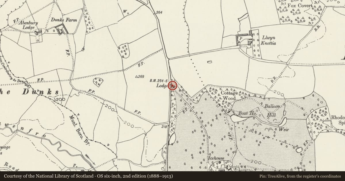 Ordnance Survey six-inch map, 2nd edition (1888–1913) covering the location of Gates and gate-piers at Cefn Park Lodge, Abenbury, Wrexham, with a pin at the register's coordinates