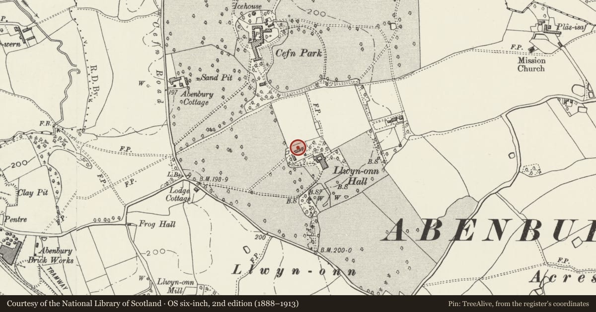 Ordnance Survey six-inch map, 2nd edition (1888–1913) covering the location of Ice-house to NW of Llwyn Onn Hall Hotel, Abenbury, Wrexham, with a pin at the register's coordinates